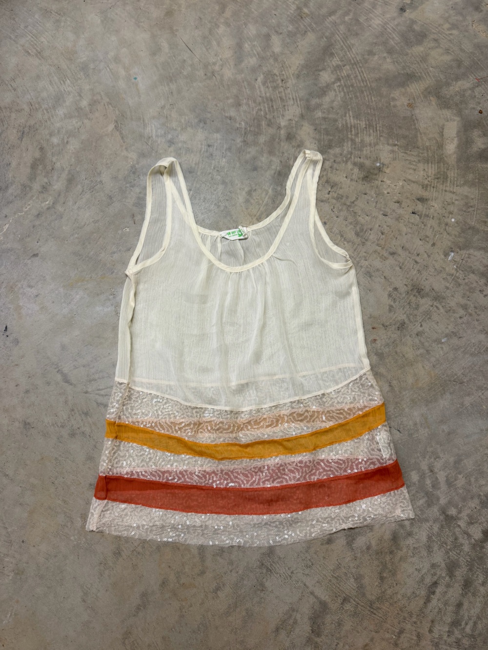 Cream Sheer Tank Top with Orange and Rust Stripe Accents